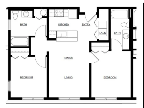 Floor plan for 2 beds, 2 baths, 825 sqft